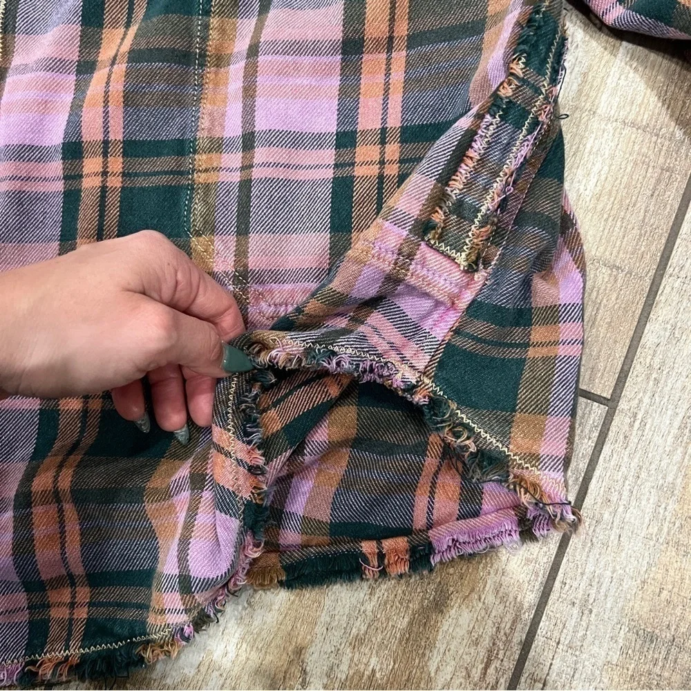We The Free | Oversized Frayed Plaid Button Up Shirt Pink & Green - Picture 6 of 12